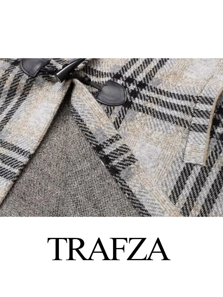 Trafza-女性の市松模様のホーンボタン長袖ジャケット,シック,ハイストリート,カジュアルポケット,フード付きコート,冬,女性のファッション,新しい