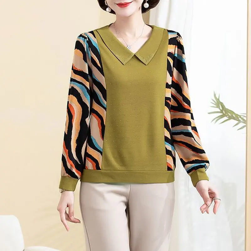 

Fashion Turn-down Collar Diamonds Shirt Spring Casual Printed Spliced Women's Clothing Commute Long Sleeve Loose Blouse XQ168
