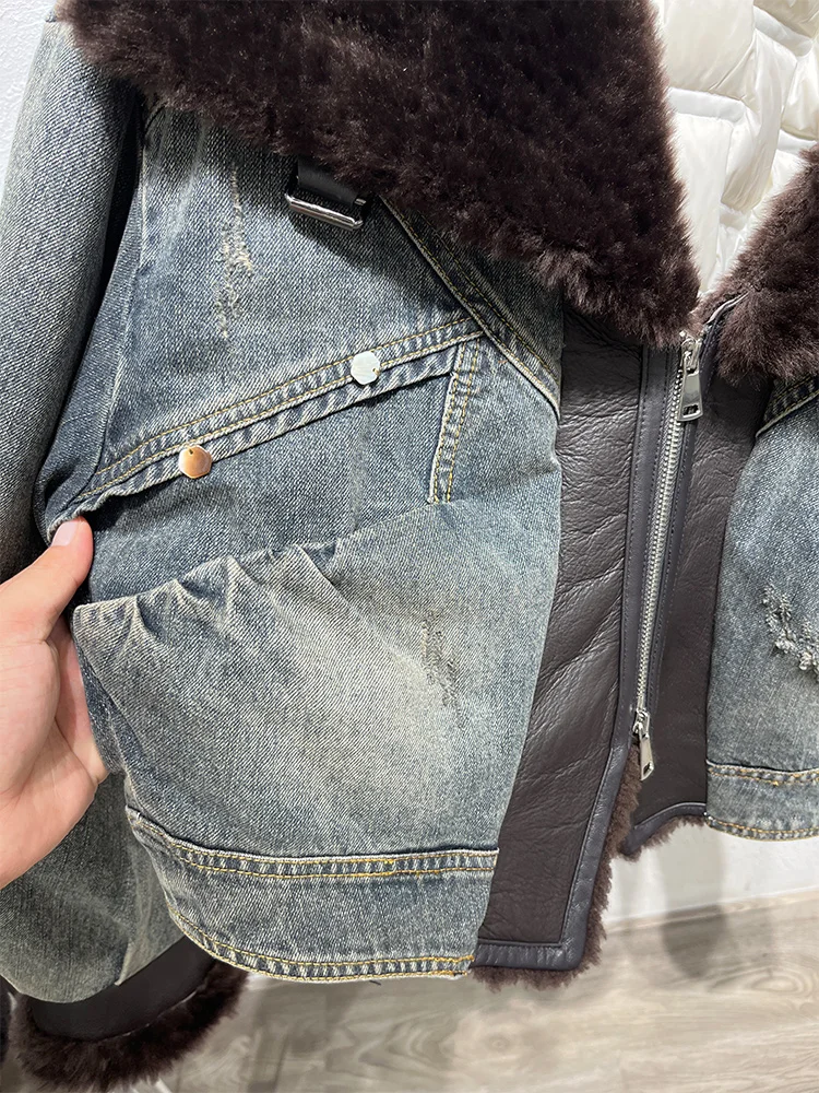เสื้อแจ็คเก็ตยีนส์บุขนเป็ดสำหรับฤดูหนาว  คอปกขนแกะเมอริโนแท้  เสื้อพัฟเฟอร์ผู้หญิง  เสื้อโค้ทกันหนาวหนาสำหรับผู้หญิง
