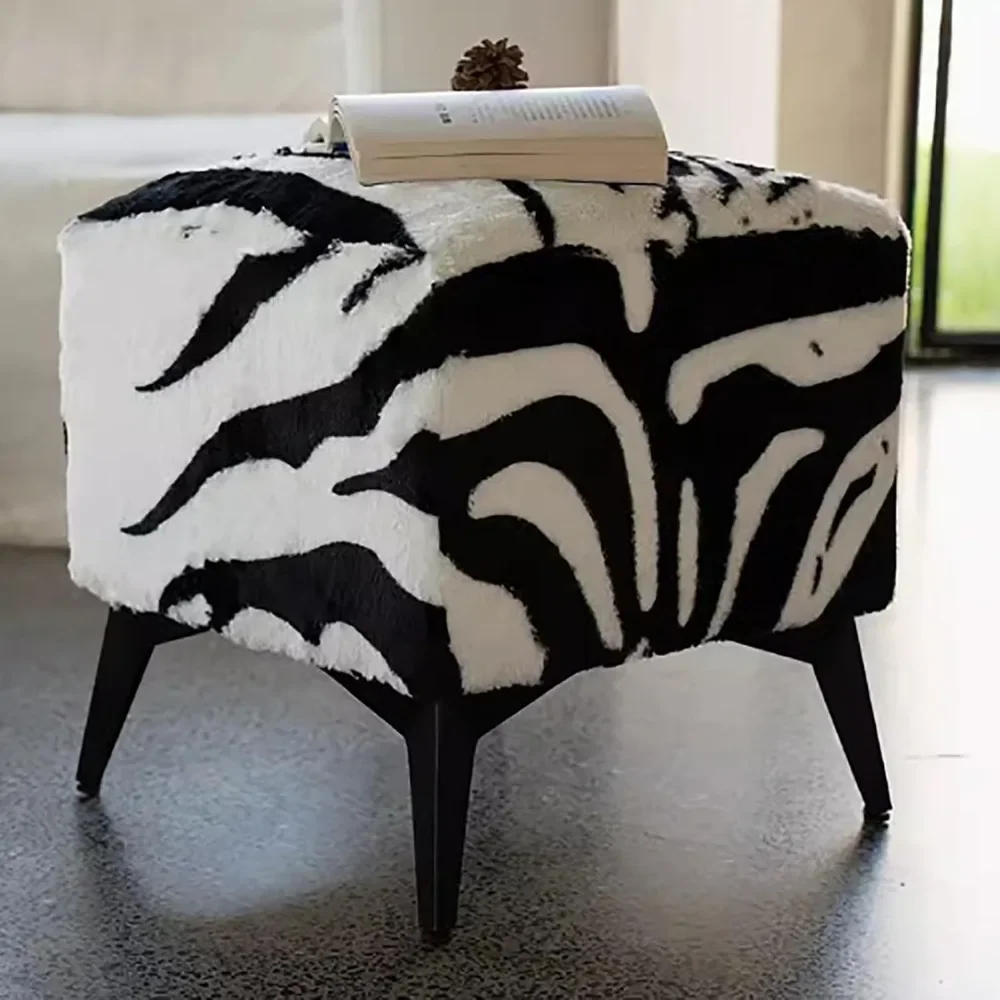

Square Footstool Ottoman,Vanity Stool Chair with Metal Leg,Furry Faux Cowhide Shoe Changing Bench for Vanity Entryway Bathroom