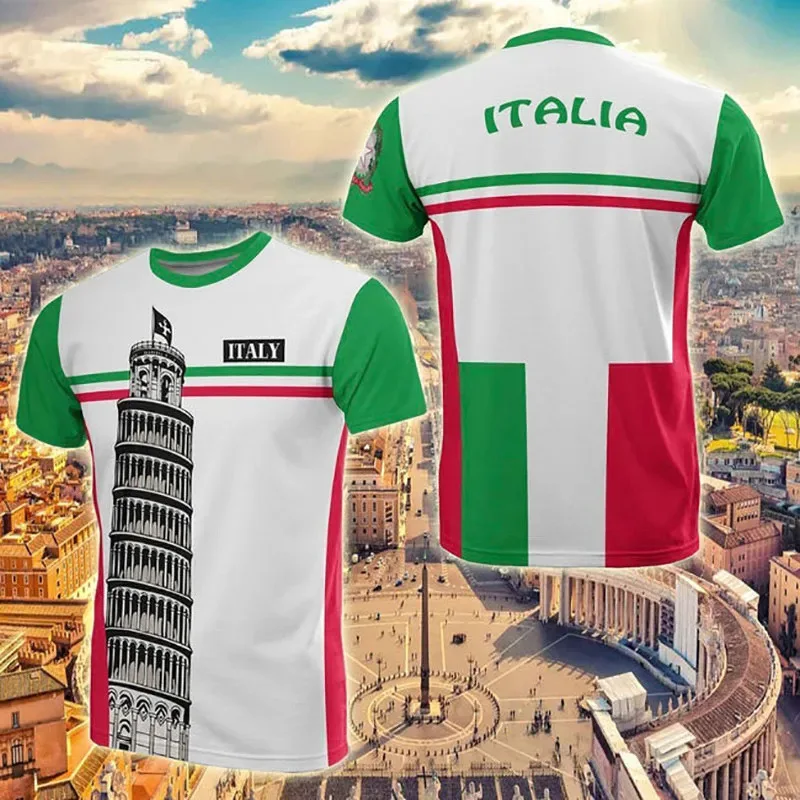 Italy Flag Coat Of Arms 3D Leaning Tower of Pisa Printed Men's T-shirts Fashion Short Sleeve Tee Top Summer Oversized Tracksuit