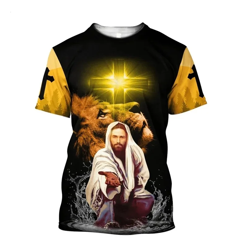 1 Piece Custom Your Picture Men'S T-Shirt Christian Jesus And Lion 3D Pattern Unisex Women'S Shirt Short Sleeve Fashion Casual S