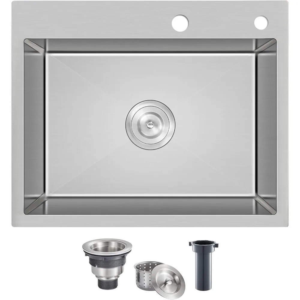 

Rovogo 20x16x9 Inch Stainless Steel Drop-In Kitchen Sink with Two Drain Holes, Ideal for Wet Bar and Single Bowl Use