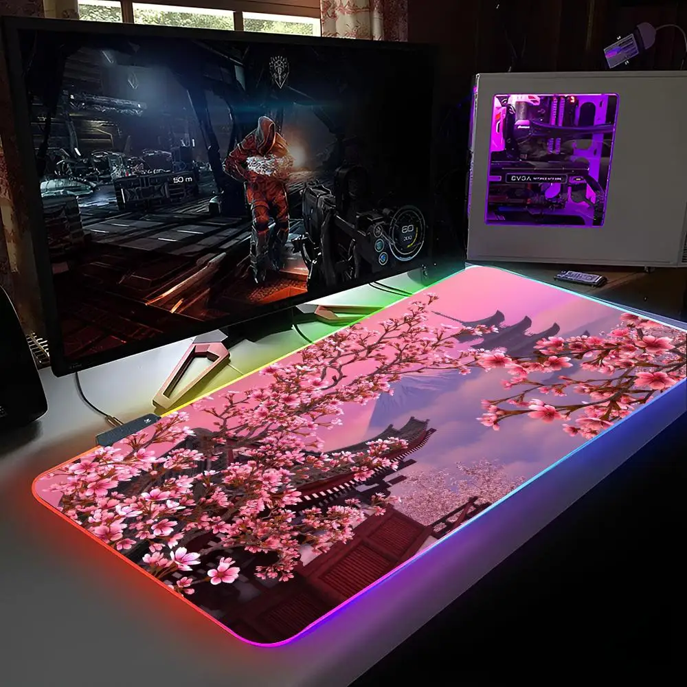 Podkładka pod mysz z motywem kwiatów wiśni, podświetlana RGB, podkładka pod mysz do laptopa, podkładka pod mysz do notebooka, akcesoria do gier na biurko.
