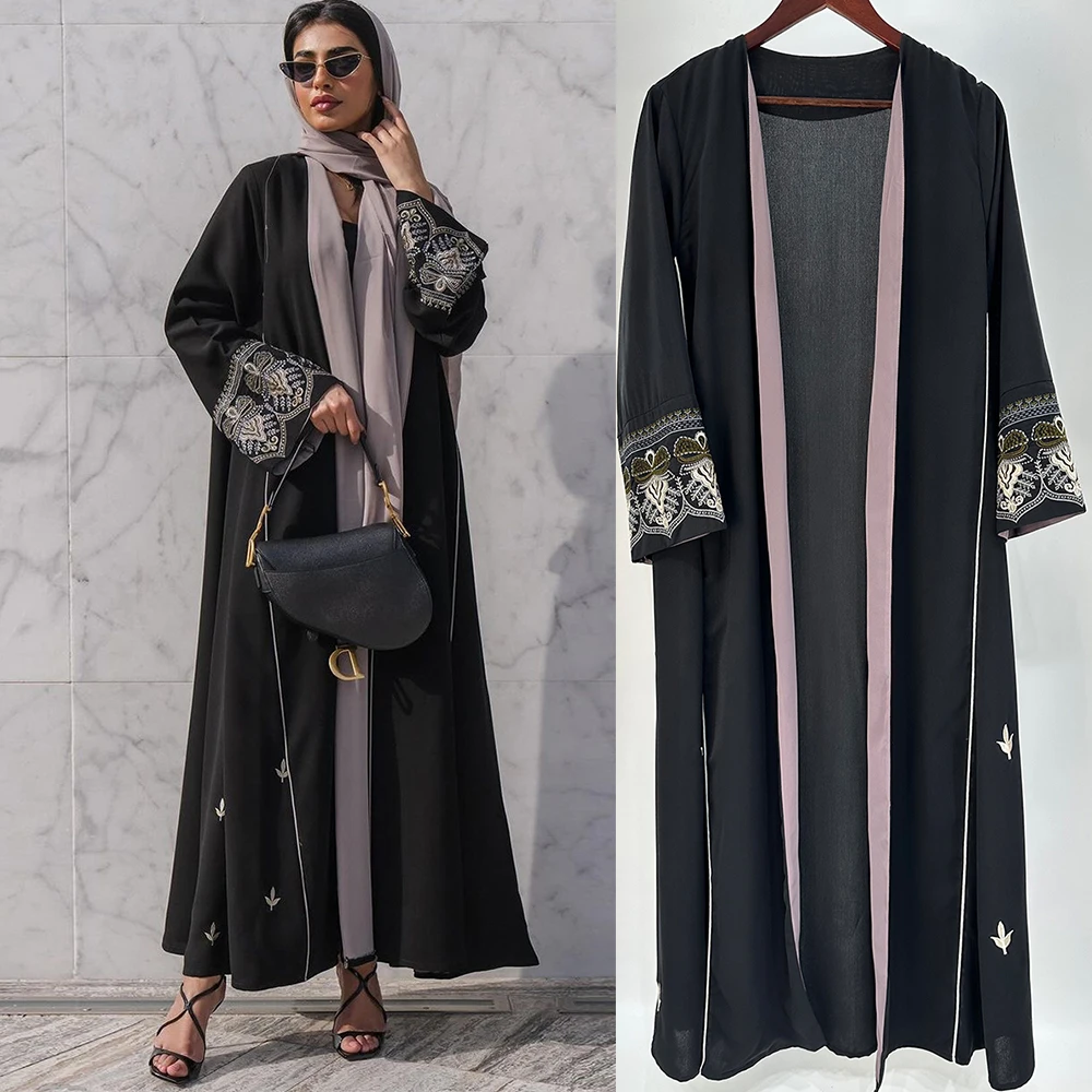 Eid Black Open Kimono Abaya Dubai Luxury Embroidery Islam Muslim Kaftan Dress Kebaya Palestine Abayas Women Jalabiya Vestidos