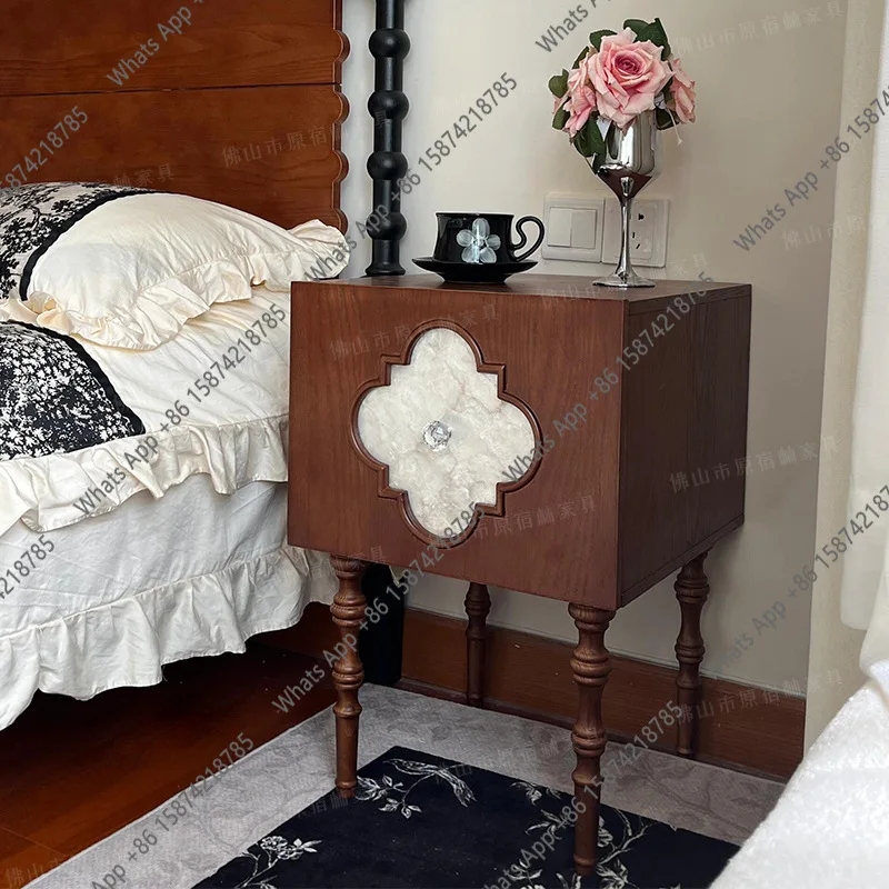 French vintage solid wood storage cabinet, living room side table, four-leaf clover shell, bedside storage cabinet, second-hand
