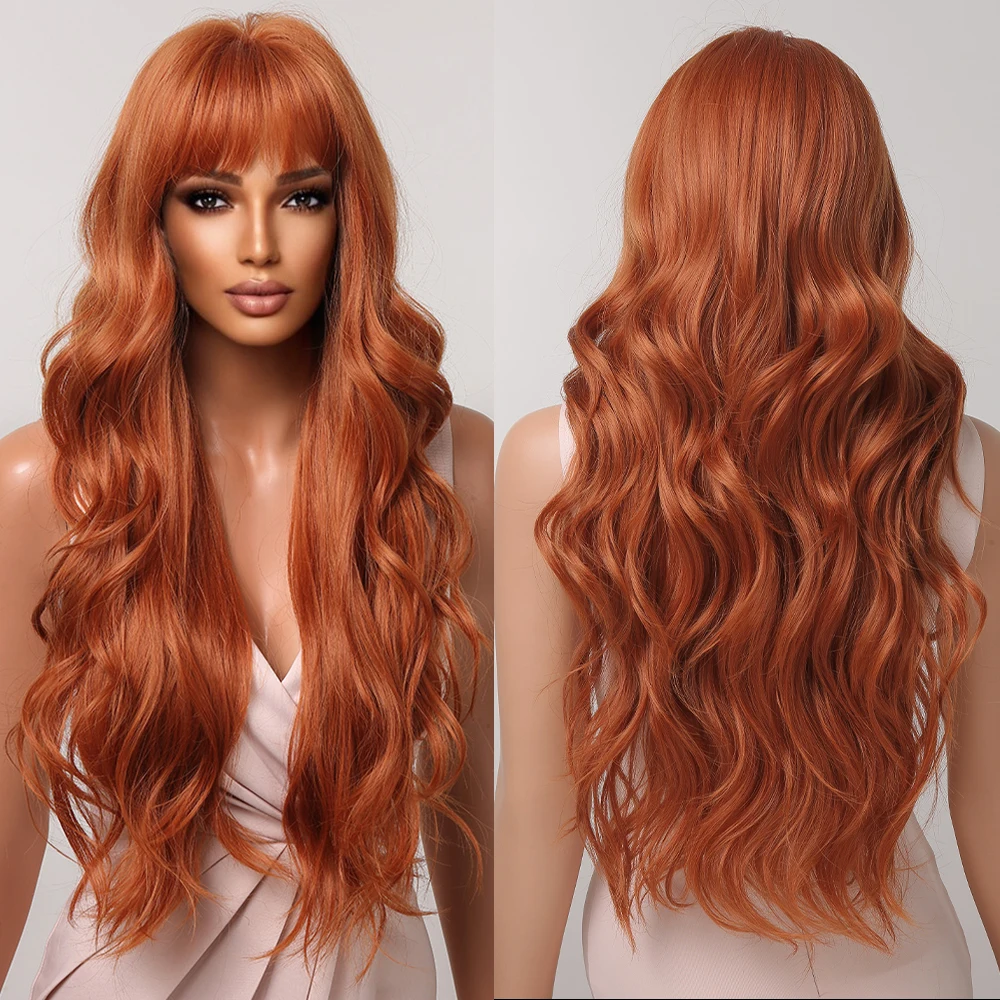 Copper Curly Wigs for Women Cosplay Synthetic Hair Wigs with Bangs Orange Long Wavy Fake Hair Heat Resistant for Daily Party Use