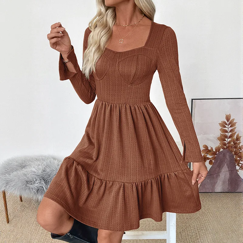 2026 Women Knitted Long Sleeve Dress Solid Square Neck Club Party Prom Mini Dress Female Casual Loose Flared Ribbed Short Skirt
