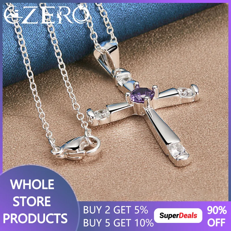 ALIZERO 925 Sterling Silver Purple Zirconia Cross Pendant Necklace With 16-30 Inch Chain For Women Men Wedding Party Jewelry