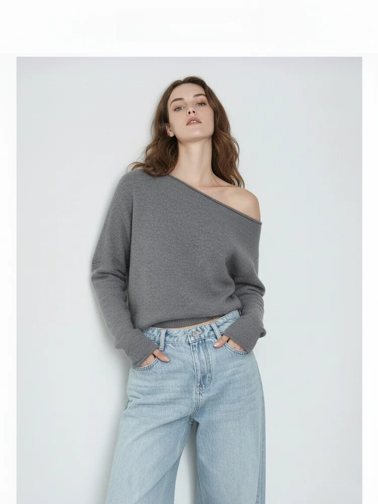 

Женский мягкий вязаный свитер из чистой шерсти с открытыми плечами, длинными рукавами, в винтажном стиле, удобный, свободного кроя, модный, стройнящий топ