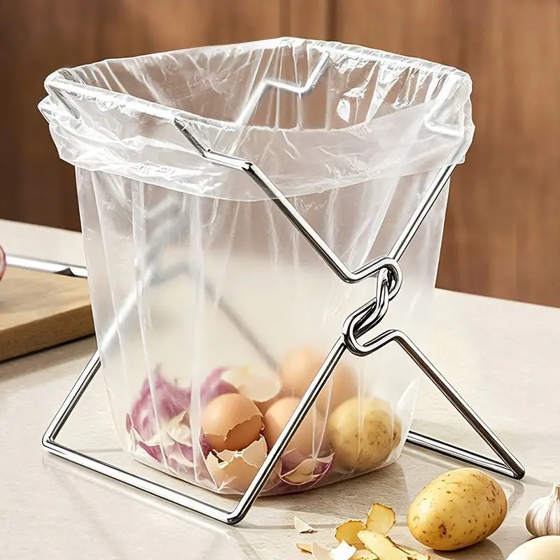Suporte Dobrável de Aço Inoxidável para Sacos de Lixo, Organizador Portátil para Bancada de Cozinha