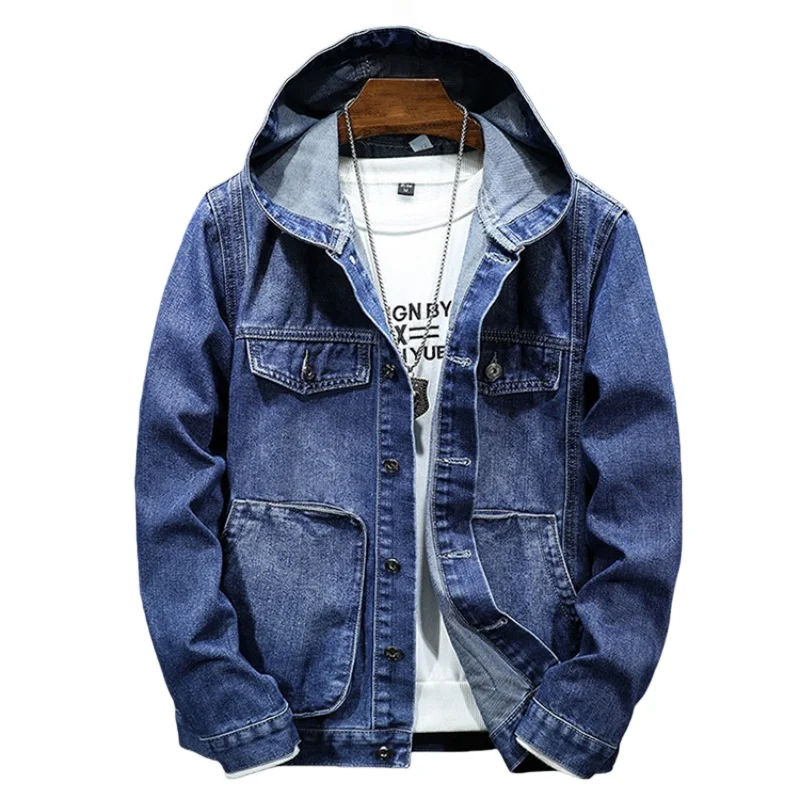 

Spring Autumn Jackets Jeans For Man Workwear Windproof Hooded Slim Fit Cowboy Coat Fashion Casual Large Pocket Denim Jacket