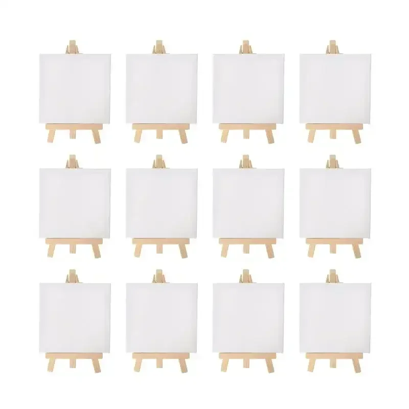 12pçs artistas mini cavalete de 5 polegadas + mini conjunto de tela de 3 polegadas x 3 polegadas pintura infantil artesanato desenho diy cavaletes de mesa pequenos para escola