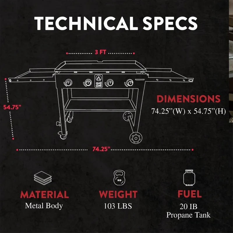 Propane Burner Grill–36-Inch Flat Top Grill Griddle Cooking Station–Foldable 4 Burner Propane Grill with Pre-Seasoned Griddle