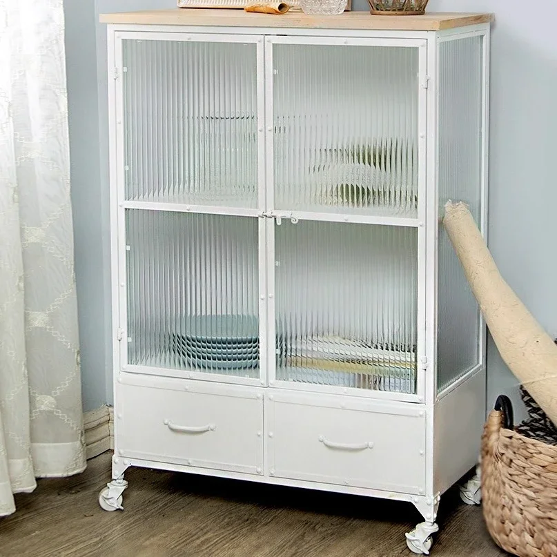 A  Retro industrial style wrought iron old glass cabinet with wheel bookcase