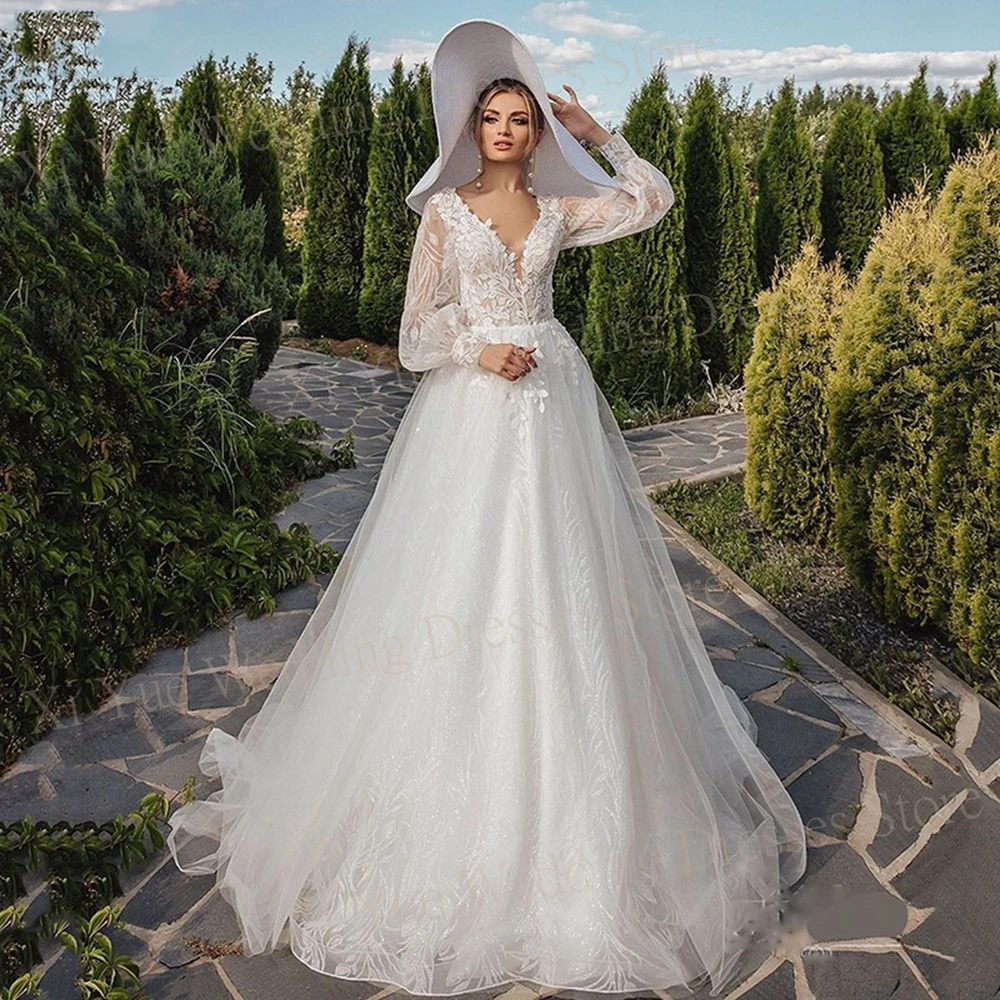 Romântico uma linha vestidos de casamento feminino apliques rendas personalizado vestidos de noiva manga longa princesa sparking vestido de novias