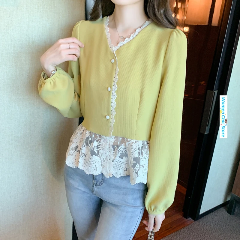 

Lace Spliced V-neck Long Sleeve Slim Fit Shirt Coat Women Tops Spring Autumn Elegant French Yellow Blouse Camisas De Mujer 8604