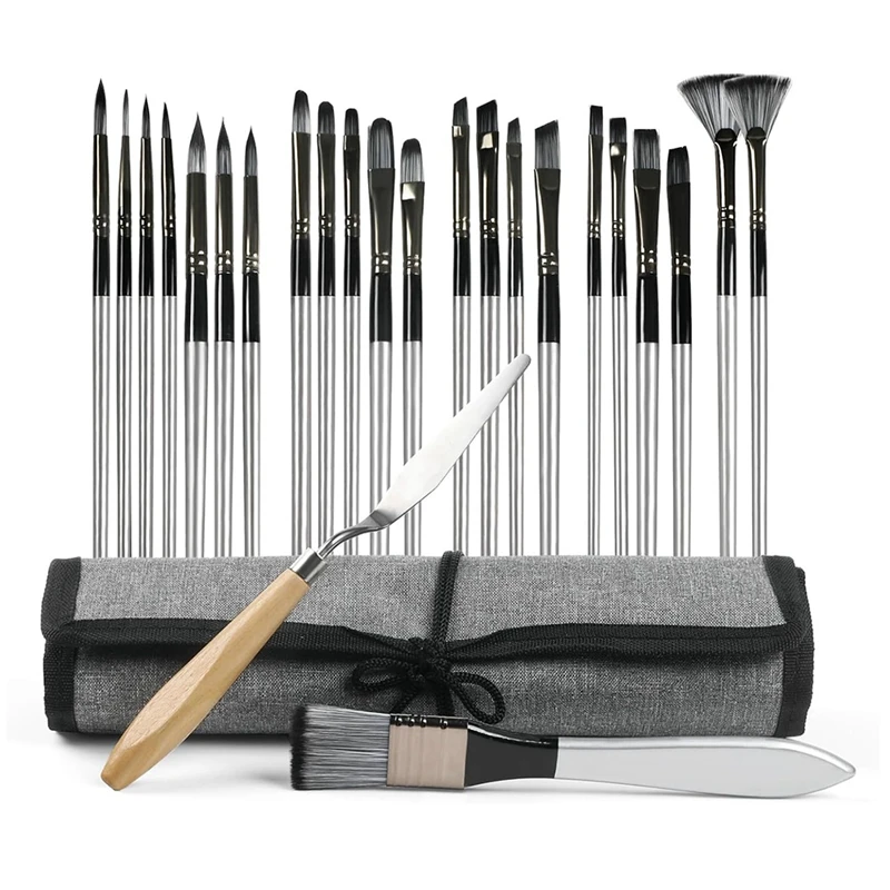 

Acrylic Painting Brushes 24 Pieces - Acrylic Paint Brushes With Canvas Brush Case - Acrylic/Oil/Watercolor Paint Brushes Durable