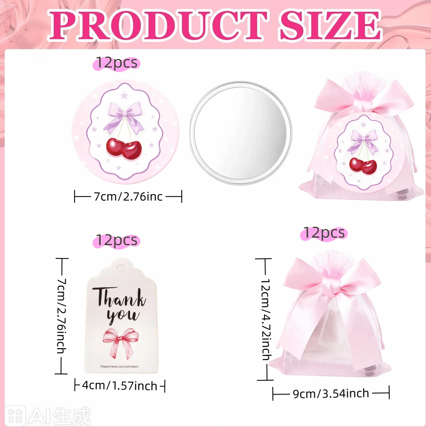 36 Stück/12 Satz Kirsche Mini-Spiegel mit Schleife, rosa Schleife, Dankeskarten und Organzabeutel mit Schleifen – perfekt für Brautpartys, Geburt – Detail 2
