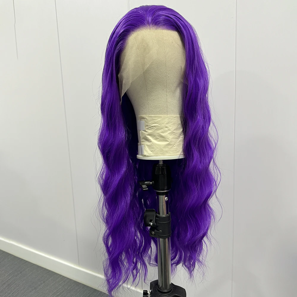 Bright Purple Natural Wave Wig Synthetic Lace Front Wigs for Women Long Loose Deep Curl Lace Wig Purple Wig Daily Use Cosplay