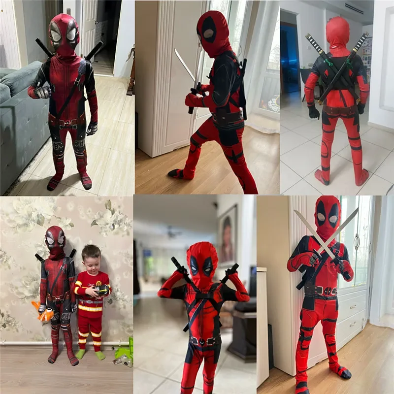 Kids Deadpool Bodysuit Costume with 2 Swords and Sheath Face Mask Jumpsuit Set Children's Party New Year Gift