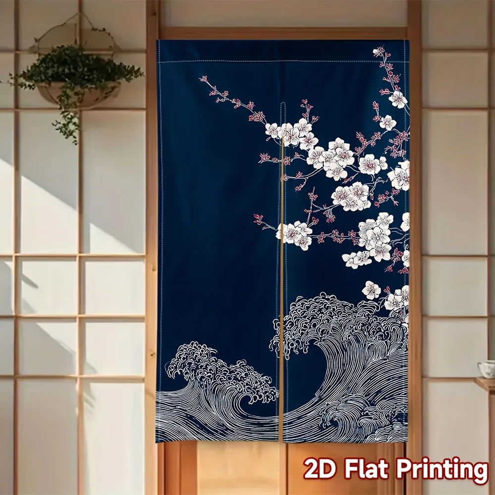 Cherry Blossom & Wave Noren Curtain – Japanese Ukiyo-e Style, Navy Blue with White Flowers, Easy Hang for Bedroom or Living Room