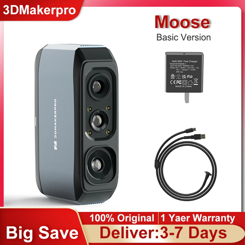 Scanner 3D 3DMakerpro Moose, version de base, précision de 0,03 mm, résolution de 0,07 mm, source de lumière LED bleue, suivi visuel par IA, caméra couleur 24 bits