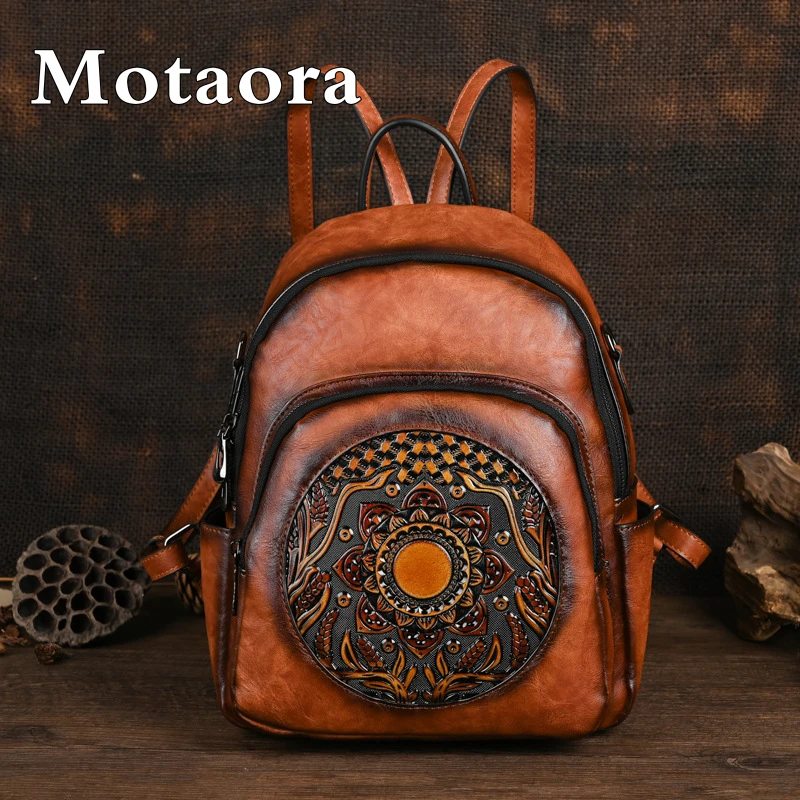 MOTAORA New Vintage Chinese Style Women\'s Backpack Casual Large Capacity Travel Bag Embossed PU Leather Handbag Female Purse