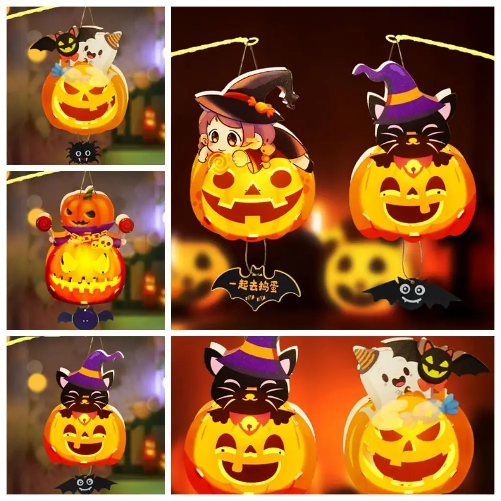 فانوس عيد الهالوين السعيد، مواد DIY مع مقبض، فانوس يقطين الهالوين المصنوع يدويًا مع ضوء LED متوهج