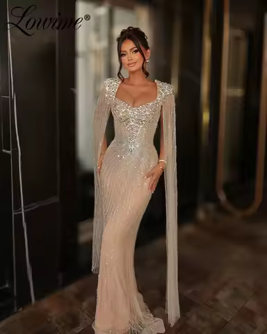 2026 Gorgeous Champagne Evening Dresses Cape Sleeves Mermaid Prom Dress Customized Crystals Beaded Arabic Dubai Party Gowns