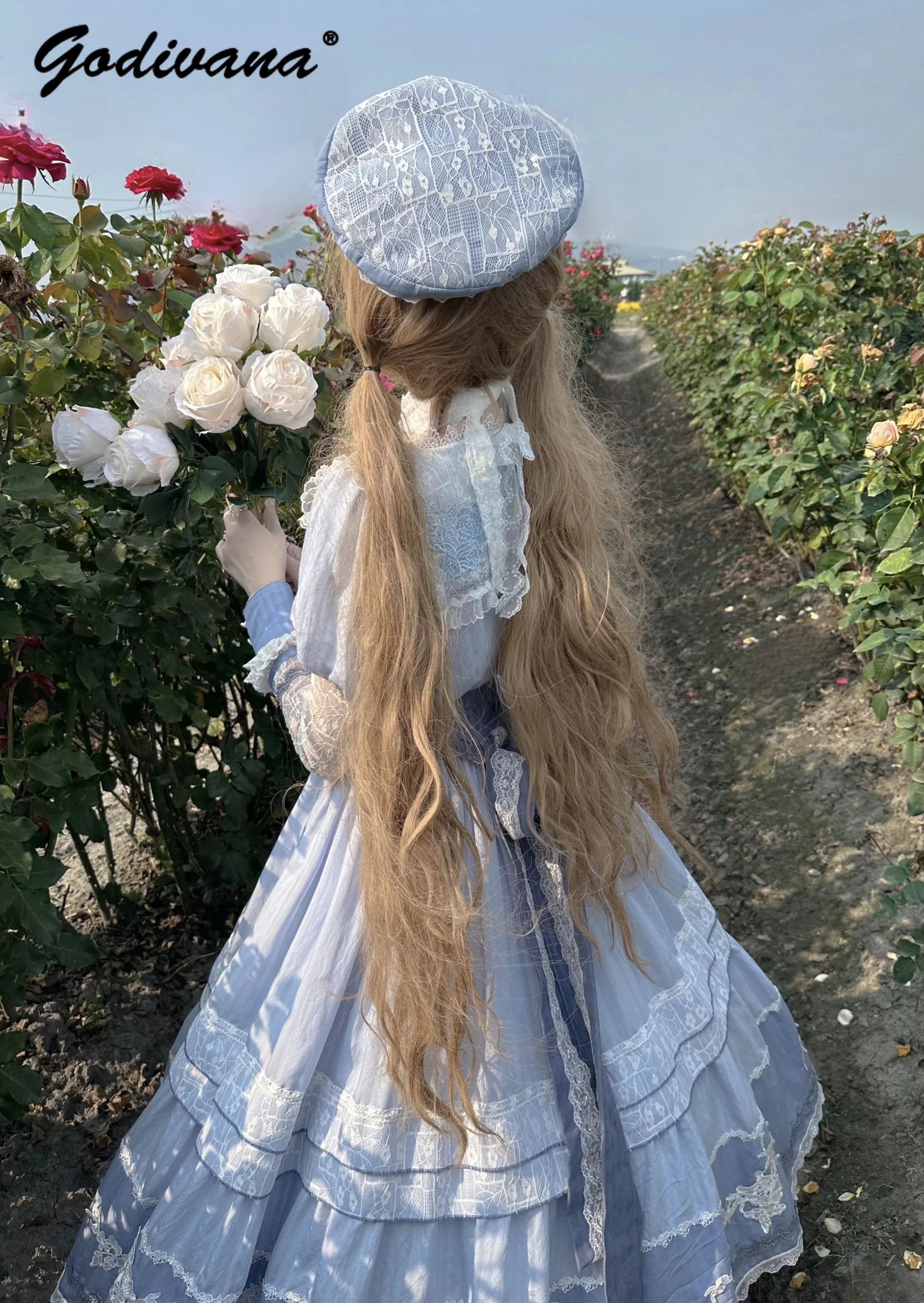 Original Lolita Süße Mädchen Spitze Gesticktes Matrosenkragen Elegantes Cla Kleid Neue Frühling und Herbst Damen Pastorale Lange Kleider