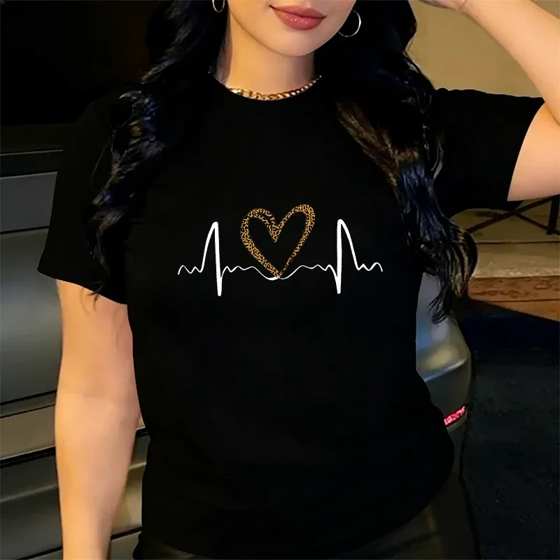 

Футболка с леопардовым принтом и сердечками, больших размеров, летняя, женская, повседневная, модная, комфортная, оверсайз, с круглым вырезом, с коротким рукавом