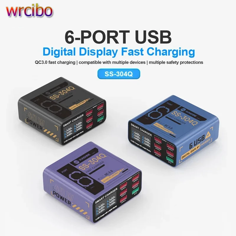 

SUNSHINE SS-304Q 6-Port Intelligent Fast Charging Tool For Mobile Phone Tablet QC3.0 LCD Digital Display Quick Charging Station