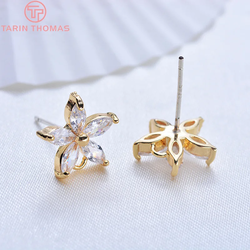 (2461)4PCS 11MM 24K Gold Color Plated Flower with Zircon Stud Earrings High Quality DIY Jewelry Making Findings