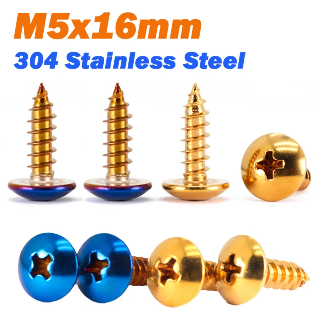 304 Stainless Steel Bolts M5x16mm Titanium Gold/Blue Large Pan Head Phillips Self Tapping Screw For Motorcycle Housing
