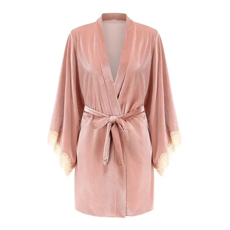 Women Spring Autumn Golden Velvet Nightgown Set with Breast Pad Lace Slip Nightdress Sexy Nightgown Winter New Model Sleepshirts