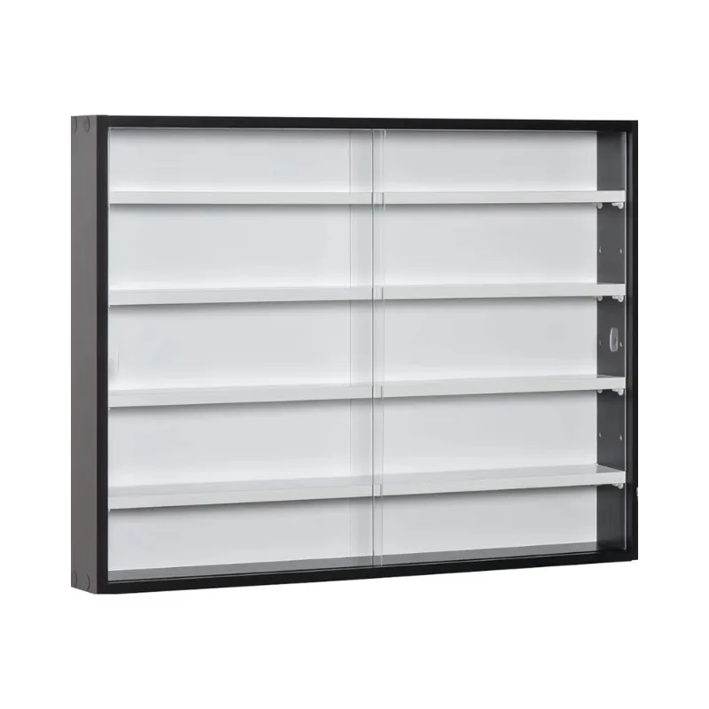 

5-Layer wall-mounted display case with 4 adjustable wooden shelves and glass doors for home office decor