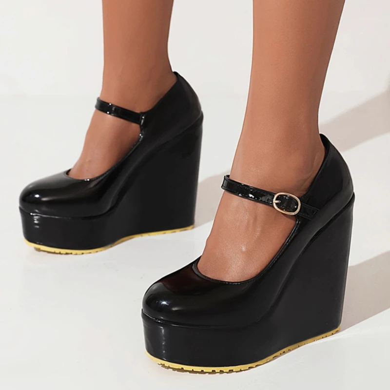 

Wedge Shoes for Women Platform Super High Heels Pumps Sexy Black White Strap Women's Wedges Heeled Round Toe Party Wedding Shoes
