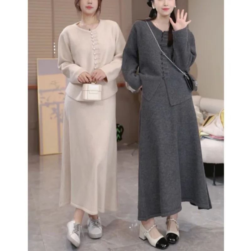 

Autumn Women's Knitting Costume Turtleneck Solid Color Pullover Sweater + Slim Skirt Two-Piece Set E1420