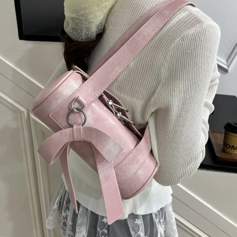 

Korean Bow Handbag For Women Cylinder Design Luxury Fashion Simple Exquisite Shoulder Bag Silver Lock Belt High-end Underarm Bag