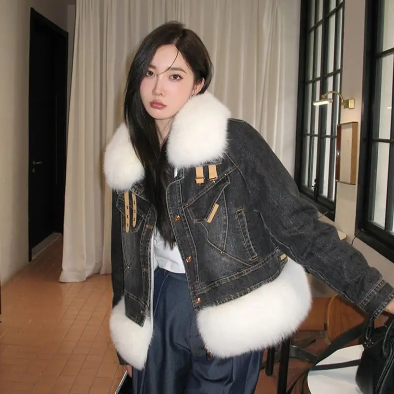 Denim Coat for Women Winter Casual Zipper Down Jackets Fashion Real fox Fur Collar Chic Coats