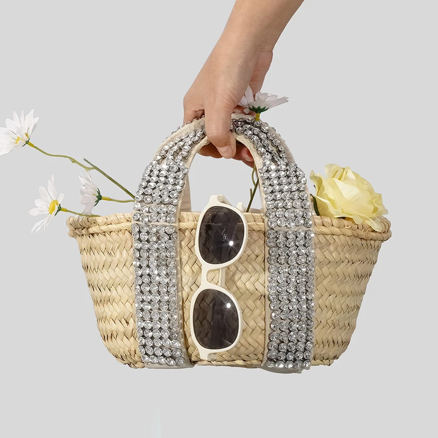 Fashion Rattan Small Tote Bag Designer Rhinestone Wicker Woven Women Handbags Handmade Woven Summer Beach Bag Bali Purses 2023