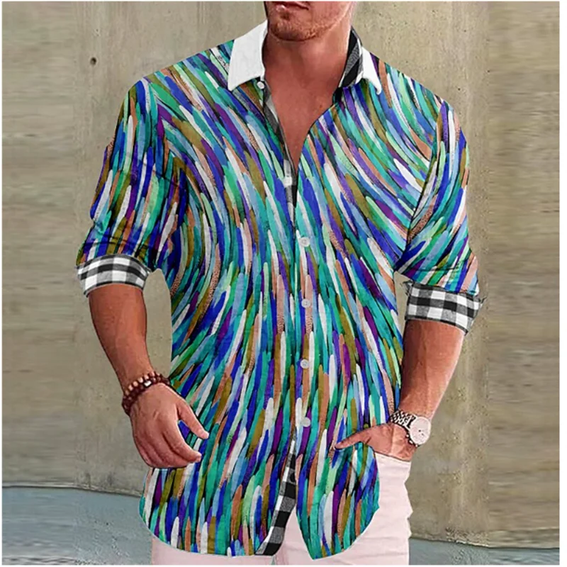

Men's Shirts Colorful Lines Printing Cuffed Plaid Shirts Outdoor Street Long Sleeve Clothing Fashion Streetwear Designer Casual