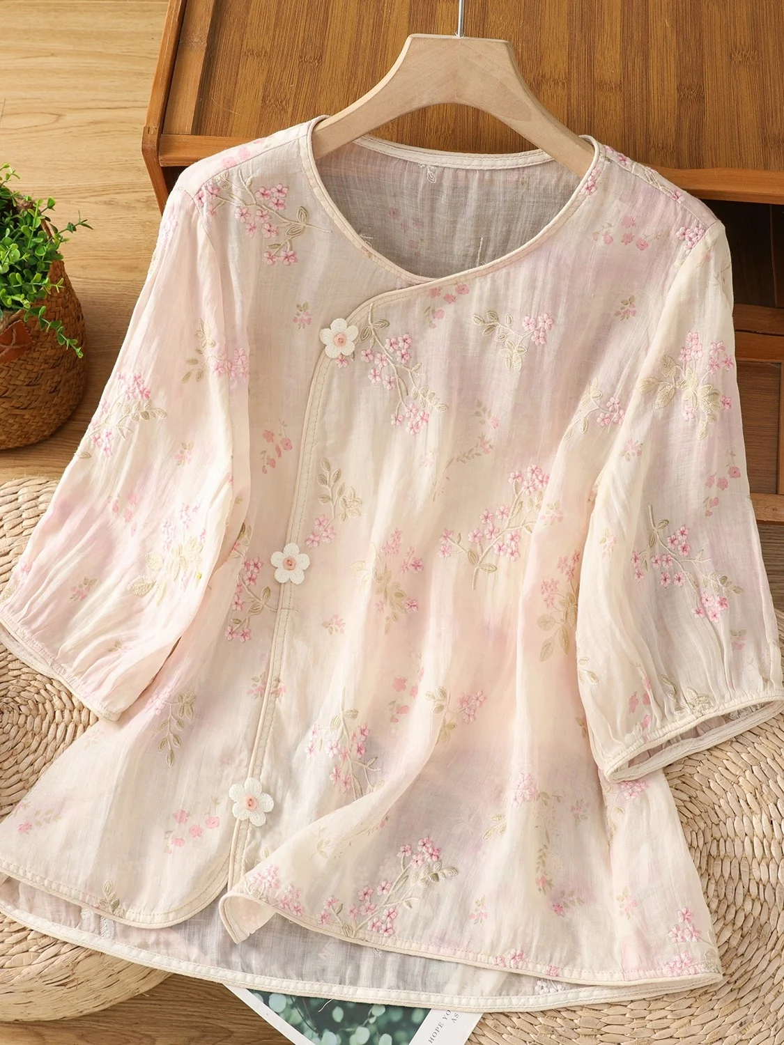 

Ele китайский шелковый топ с принтом, женский хлопковый льняной топ с цветочным узором, Sli Age-Defng Small irt