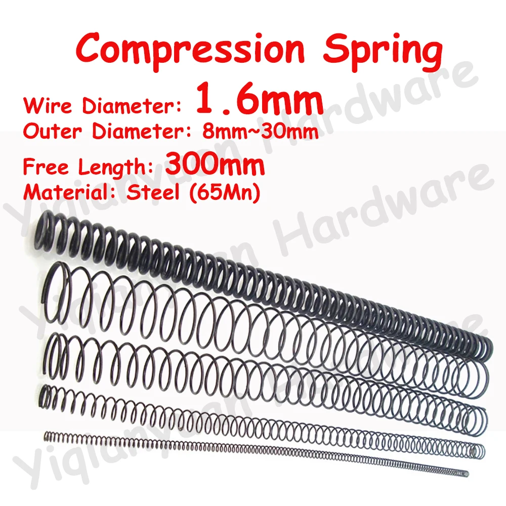 2Pcs 1.6mm Wire Diameter 65Mn Steel Compression Spring Free Length 300mm Outer Diameter Range 8mm-30mm for Pressure Rotor Return