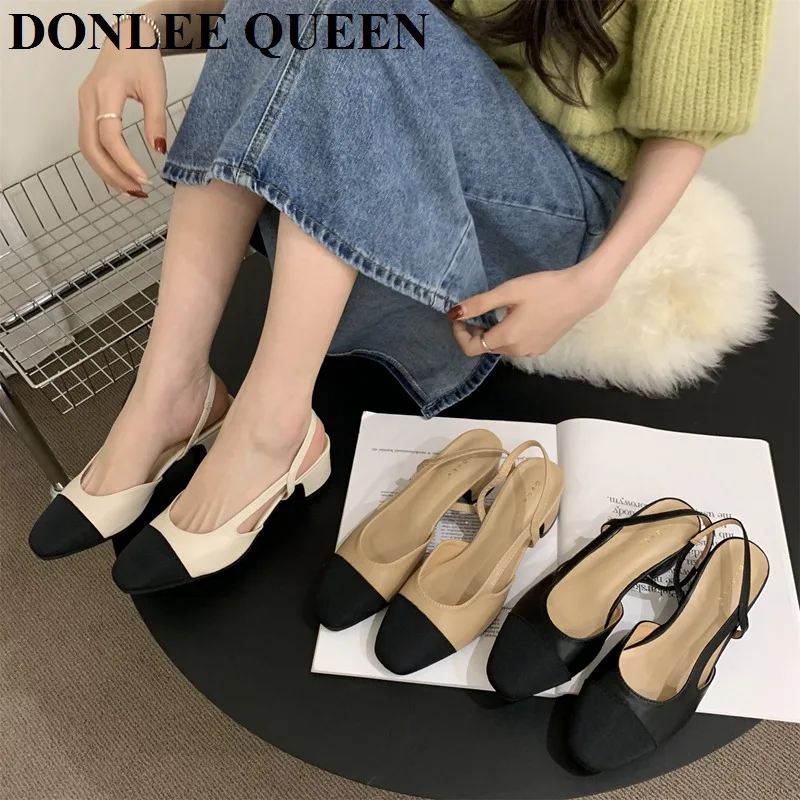 Classic Mixed Color Slingback Sandals Women Elastic Band Back Strap Flats Mules New Brand Design Heels Pumps Female Office Mujer