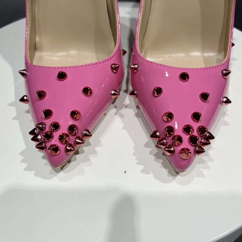 Tikicup Women Patent Pink Pointy Toe High Heel Shoes with Spikes Sexy Ladies Rivets Party Stiletto Pumps Big Size 43 44 45