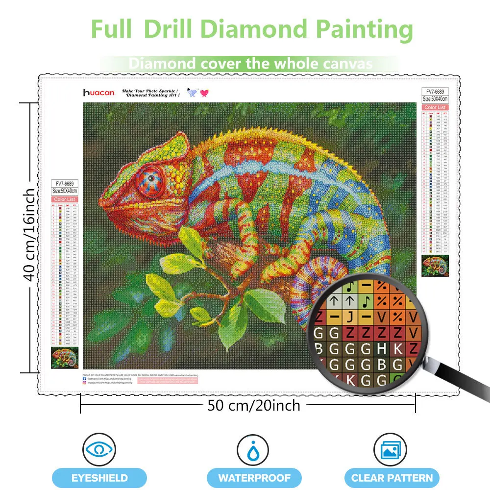 HUACAN Diamond Painting Chameleon Full Square Round Diamond Mosaic Animal Embroidery Complete Kit Home Decor Art