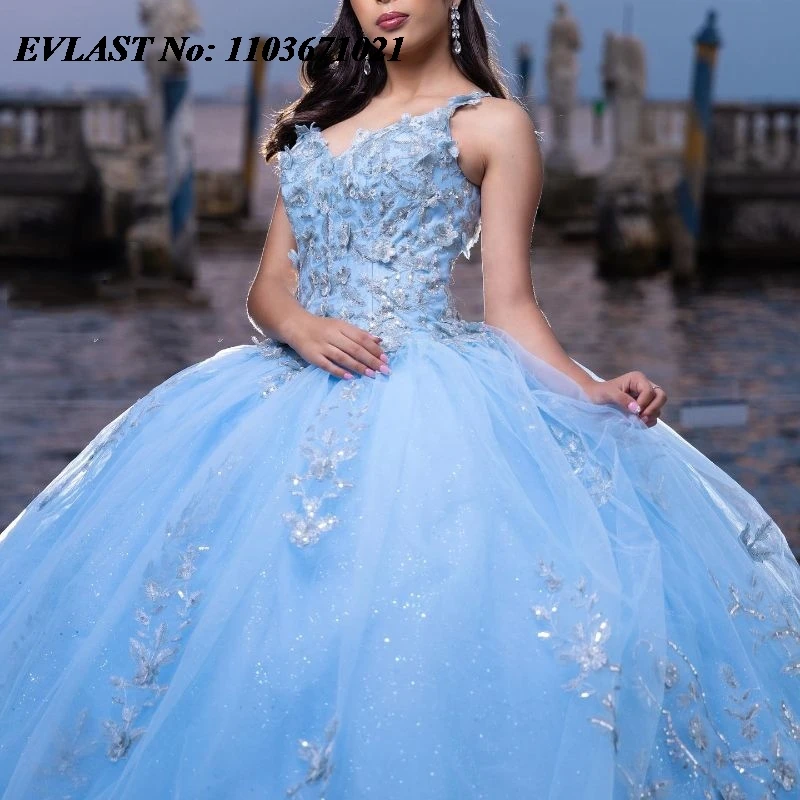 EVLAST блестящее синее платье для Quinceanera бальное платье Блестящие Блестки Аппликация из бисера алмазы милые платья для 16 15 лет SQ156