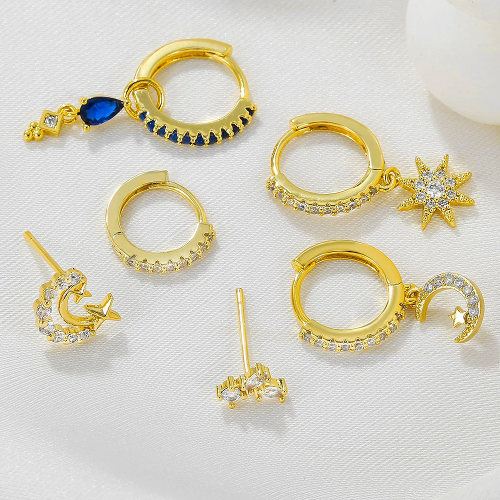 2PCS Stainless Steel Crystal Zirconia Moon Star Hoop Earrings Delicate Punk Huggie Earring Ear Buckle Cartilage Piercing Jewelry